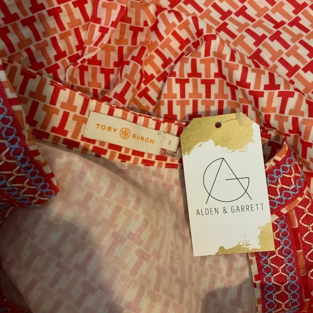 Tory Burch Pink Red T Embroidered Tunic Top, Size 2
